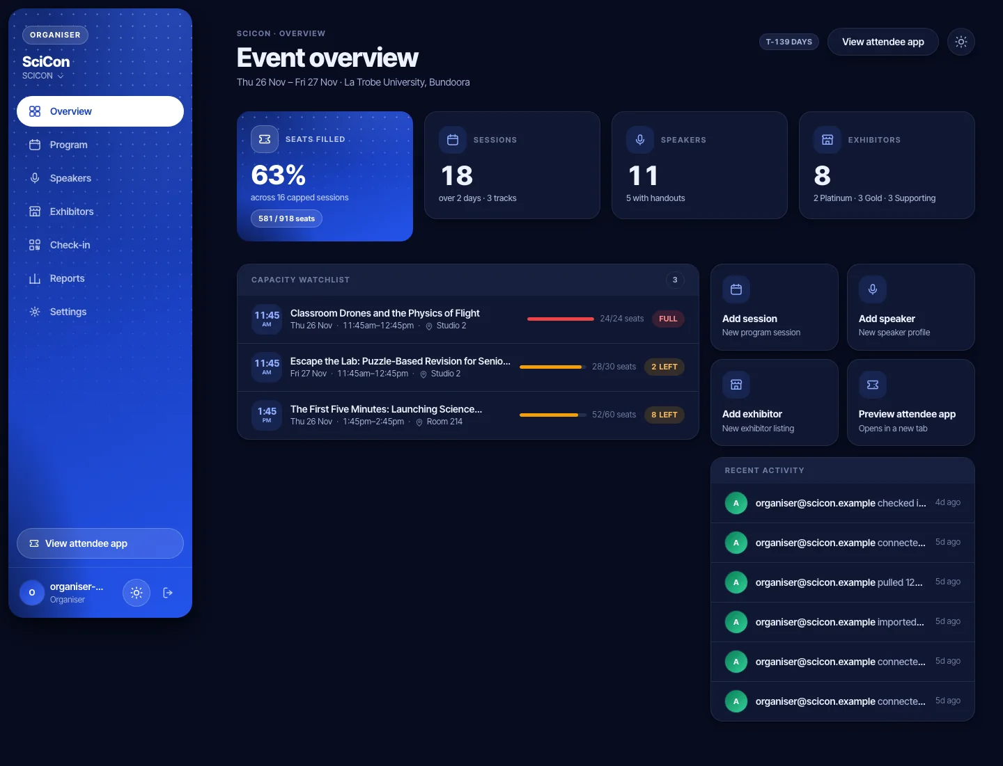 ConferKit organiser console in dark mode