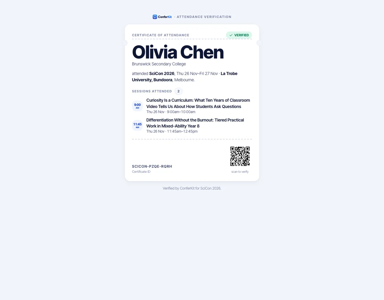 Public certificate verification page showing a verified attendance certificate
